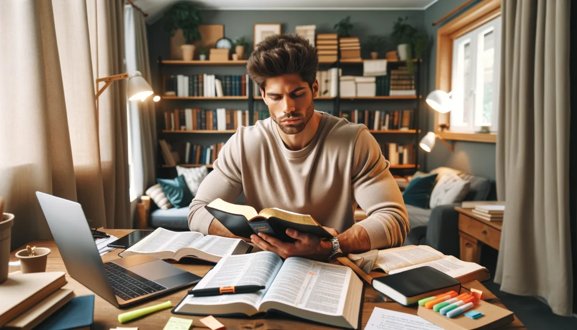 DALL·E 2024-06-12 16.29.08 – A handsome man studying for the SCJ intermediate test, surrounded by books and notes. He is focused, with a Bible open in front of him. The setting is